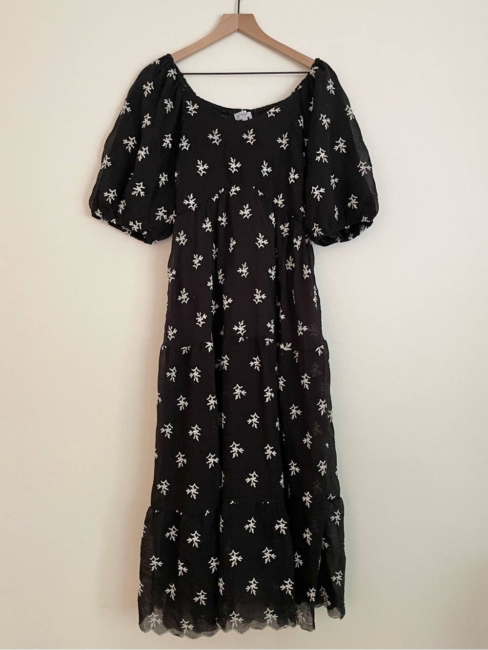 Polagram Black Midi Dress with White Floral Embroidery